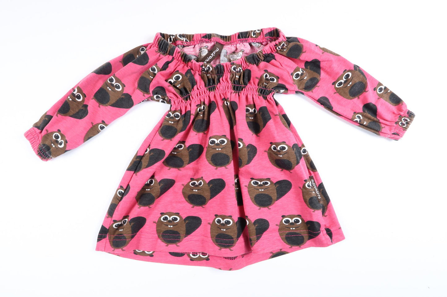 Lyserød langærmet kjole med egern fra Maxomorra i størrelse 50/56