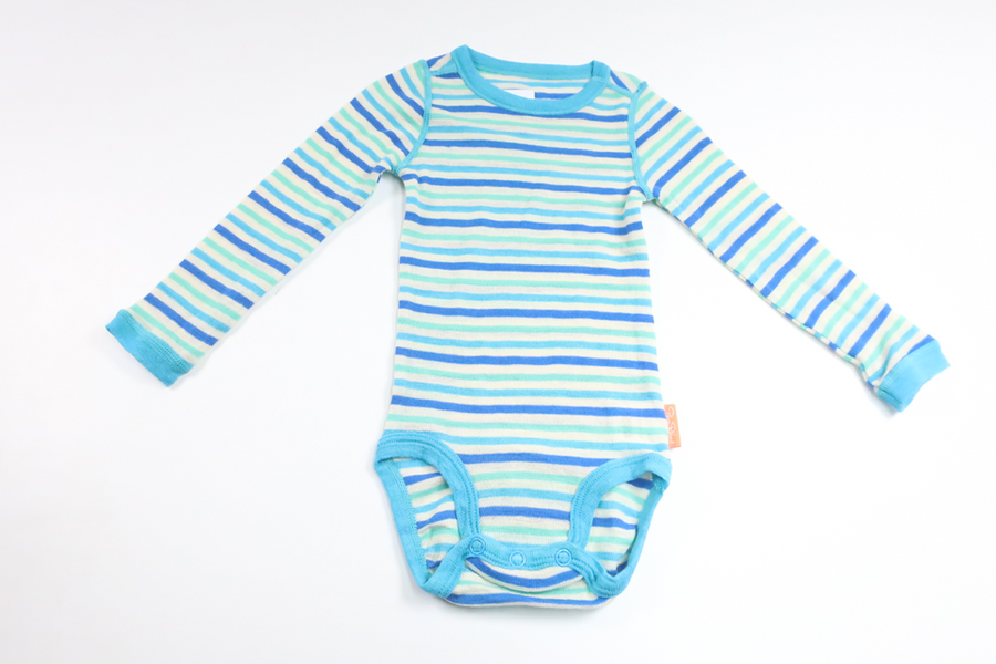 Stribet basislagsbody i 100% merinould fra Pierre Robert - Størrelse 74/80 - Blå