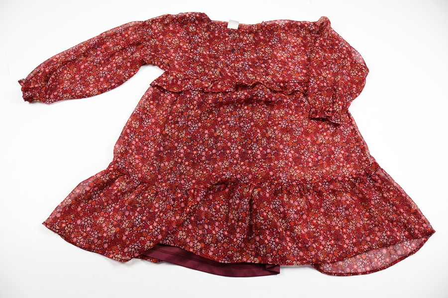 Chiffonkjole med blomstret print fra Lindex - Størrelse 116 - Vinrød