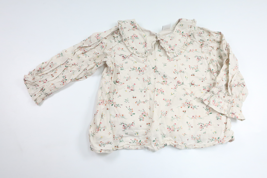 Blomsterbluse med krave fra Lindex - Størrelse 98 - Off-white